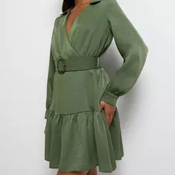 River Island Petite Wrap Belted Shirt Mini Dress Khaki - Picture 1 of 15